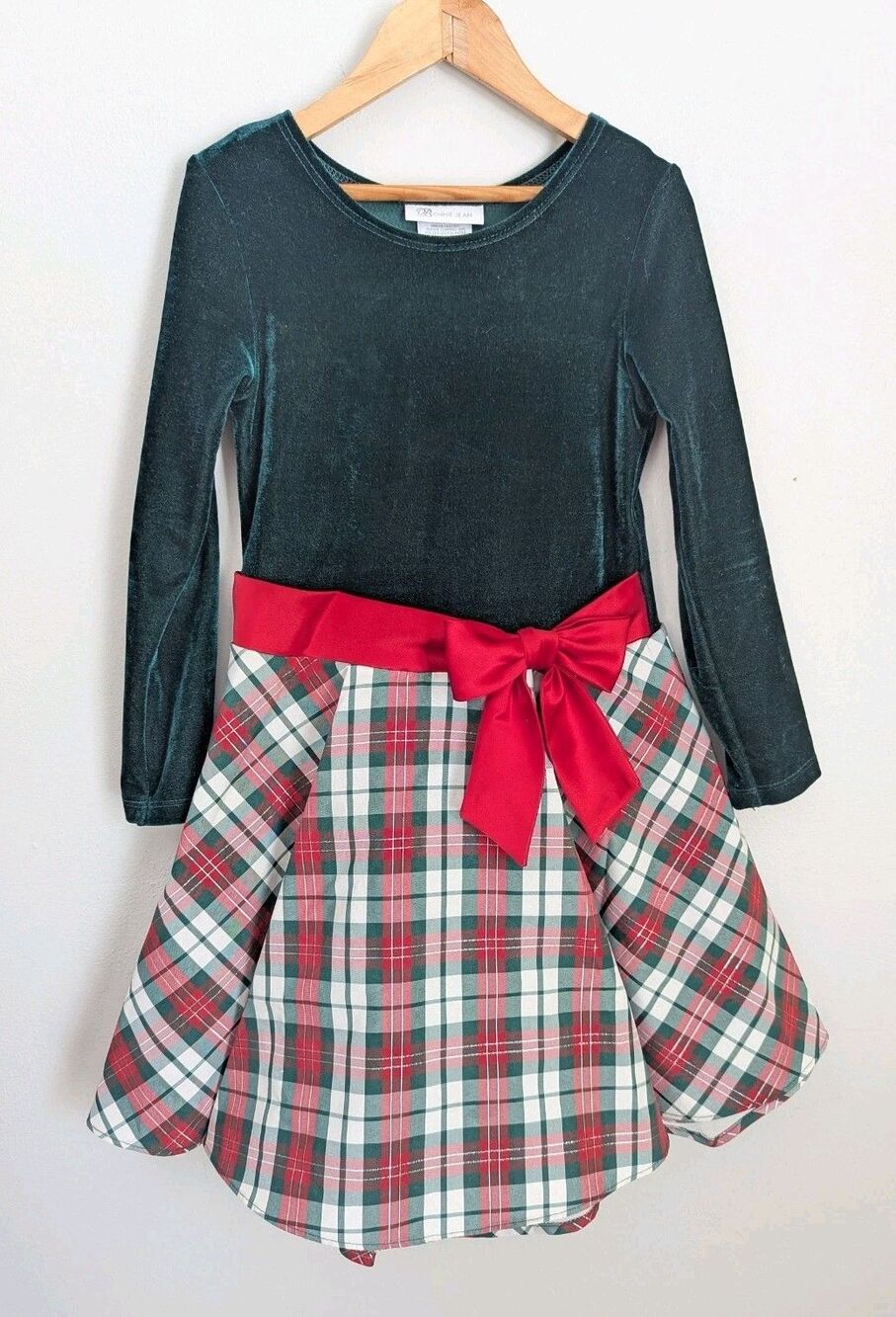 Bonnie Jean Christmas Holiday Dress 6 Green Velvet Red Plaid Lined Skirt Bow